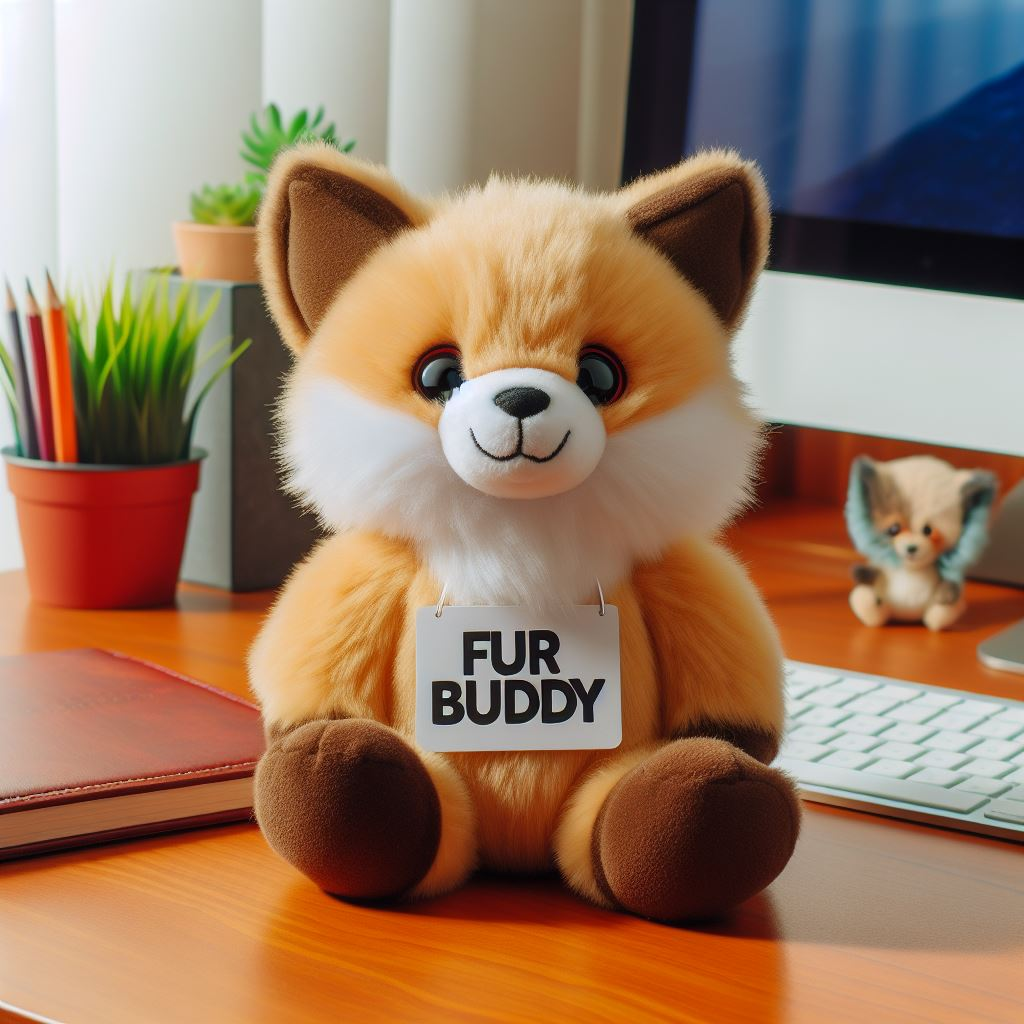 A custom plush toy with the brand's name on its t-shirt. It is on a desk and customized by EverLighten.