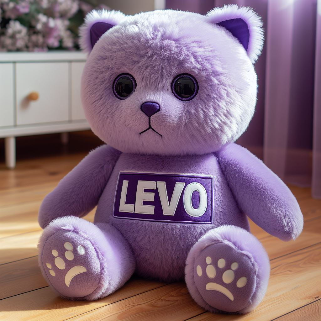 A custom plush toy in Lilac color with the company's logo. It is sitting on the floor. It is made by EverLighten.