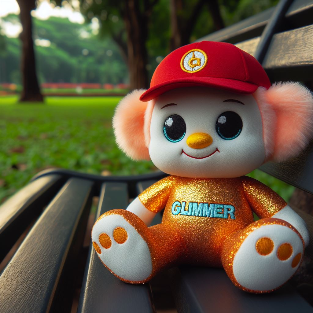 A park bench hosts a custom-stitched plush figure, showcasing a corporate brand by EverLighten.