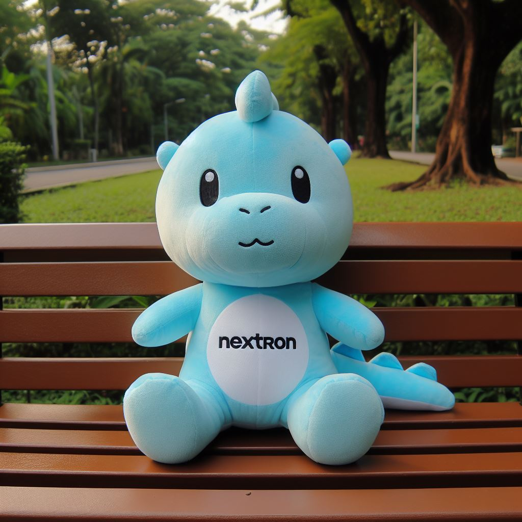 A custom plush animal in sky blue color with the company's logo. It is sitting on a park bench. It is made by EverLighten.