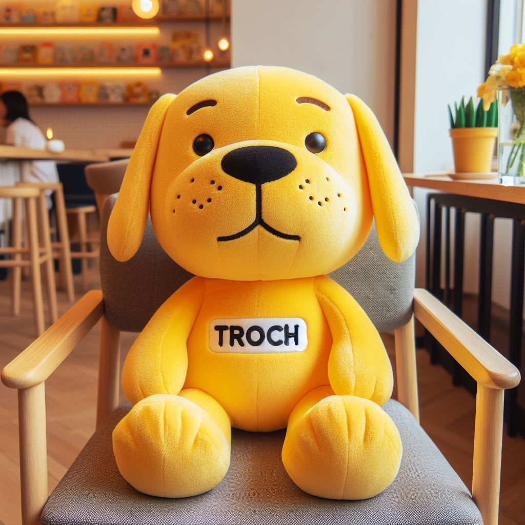 A custom stuffed animal in yellow with the company's logo sitting on a chair. It is customized by EverLighten.