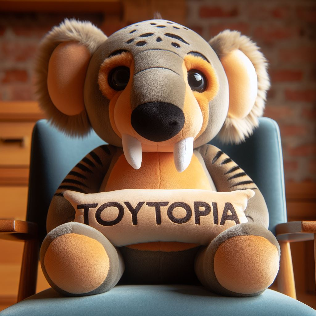 A cute wildlife custom plush toy with the shop's name. It is sitting on a chair and is manufactured by EverLighten.