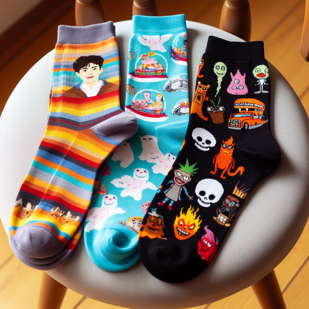Custom socks with Novelty and Quirky Themes by EverLighten on a chair.
