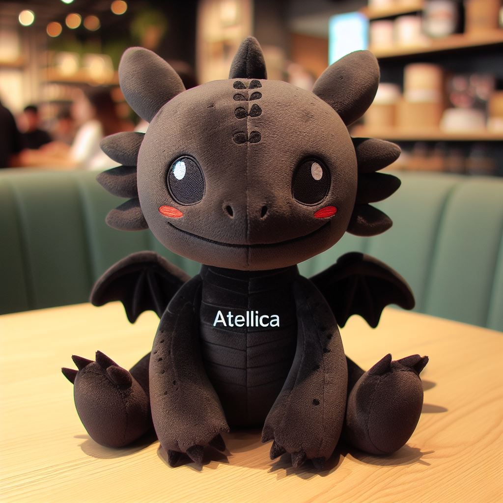 A custom plushie with the company's logo manufactured by EverLighten. It is in black.
