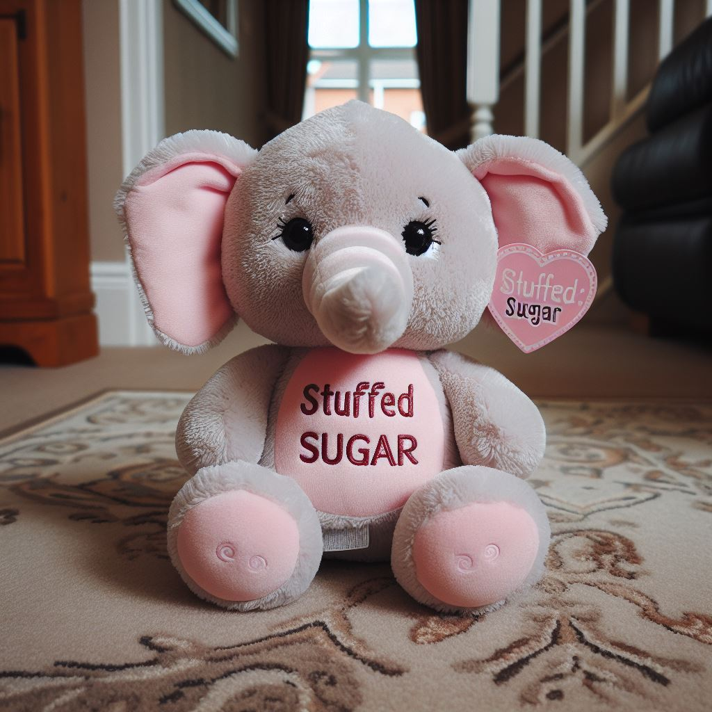 A cute elephant custom plushie with the brand's name. It is sitting on a carpet and is customized by EverLighten.