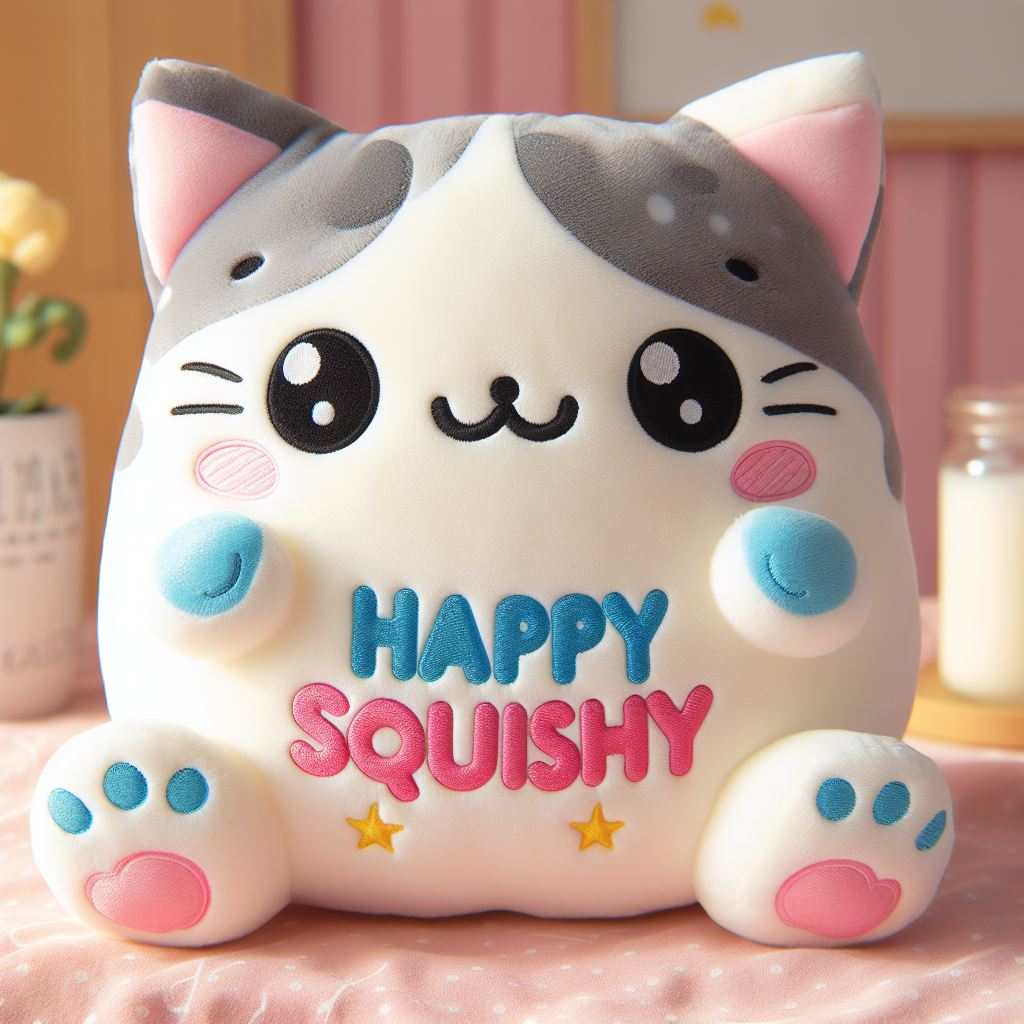 A cute colorful squishy kitty custom plush toy with the brand's name. It is manufactured by EverLighten.