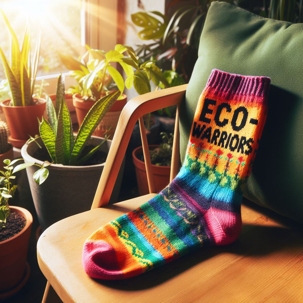 A colorful custom sock for an environmental non-profit. It is on a chair.