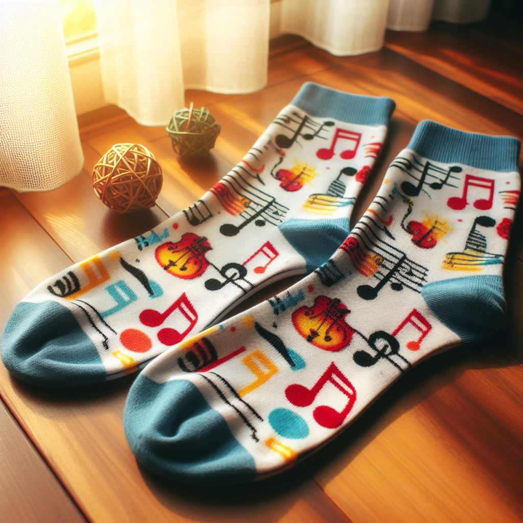 Custom socks inspired by the music festival lying on the floor. They are made by EverLighten.