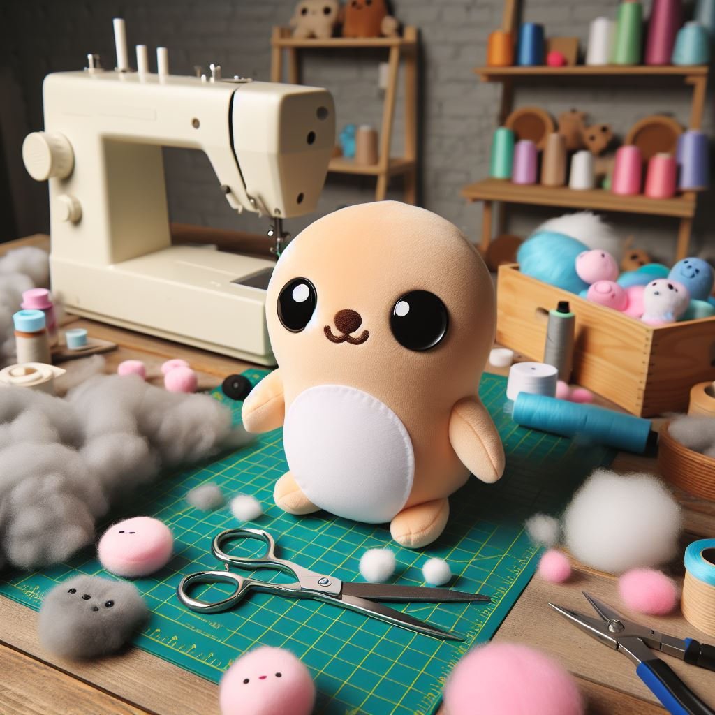 A custom plushie manufactured from recycled materials on a factory table.