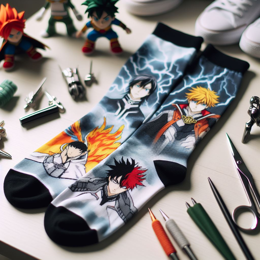 Cosplay-inspired custom socks on a table manufactured by EverLighten. 