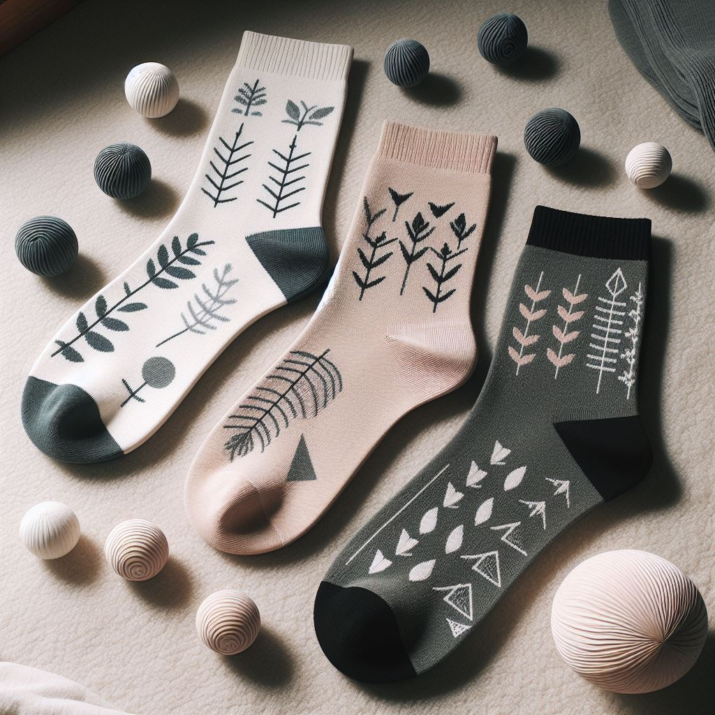 Three custom socks with minimalist design and simple colors.
