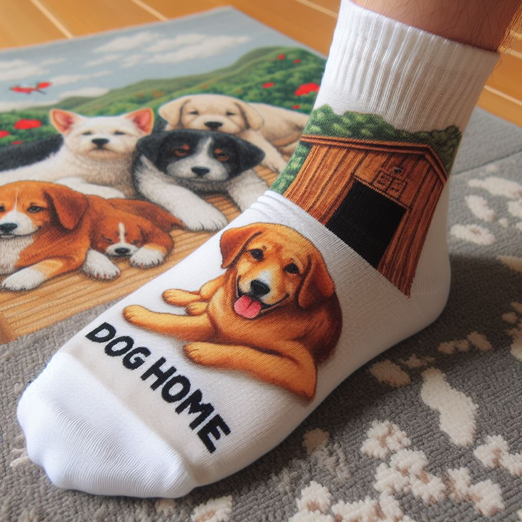 A person wearing custom socks with a Dog adoption theme made by EverLighten. 