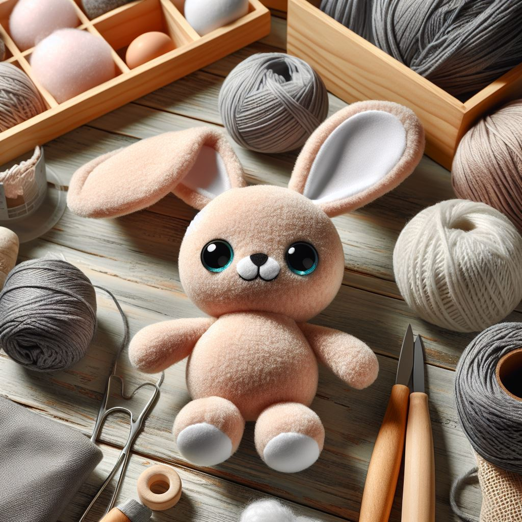 A cute custom plush toy along with its raw materials on a table.