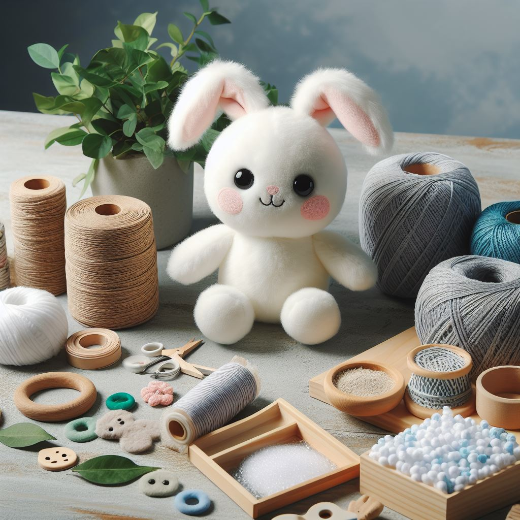 A cute custom plushie along with its raw materials on a factory table.