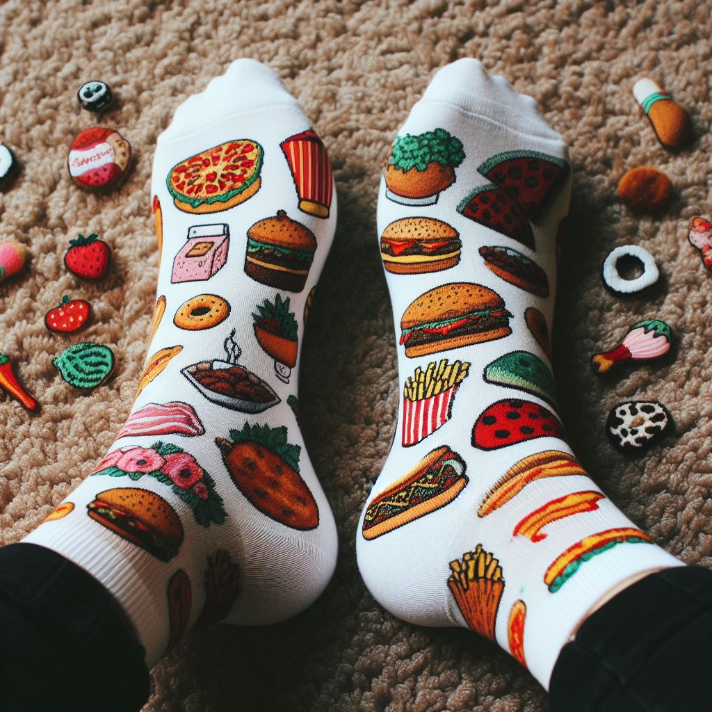 A person wearing food-themed custom socks made by EverLighten.