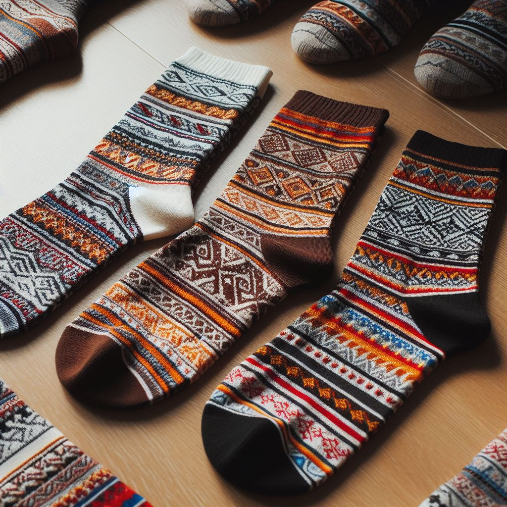 Various colorful custom socks on the floor. They are made by EverLighten. 