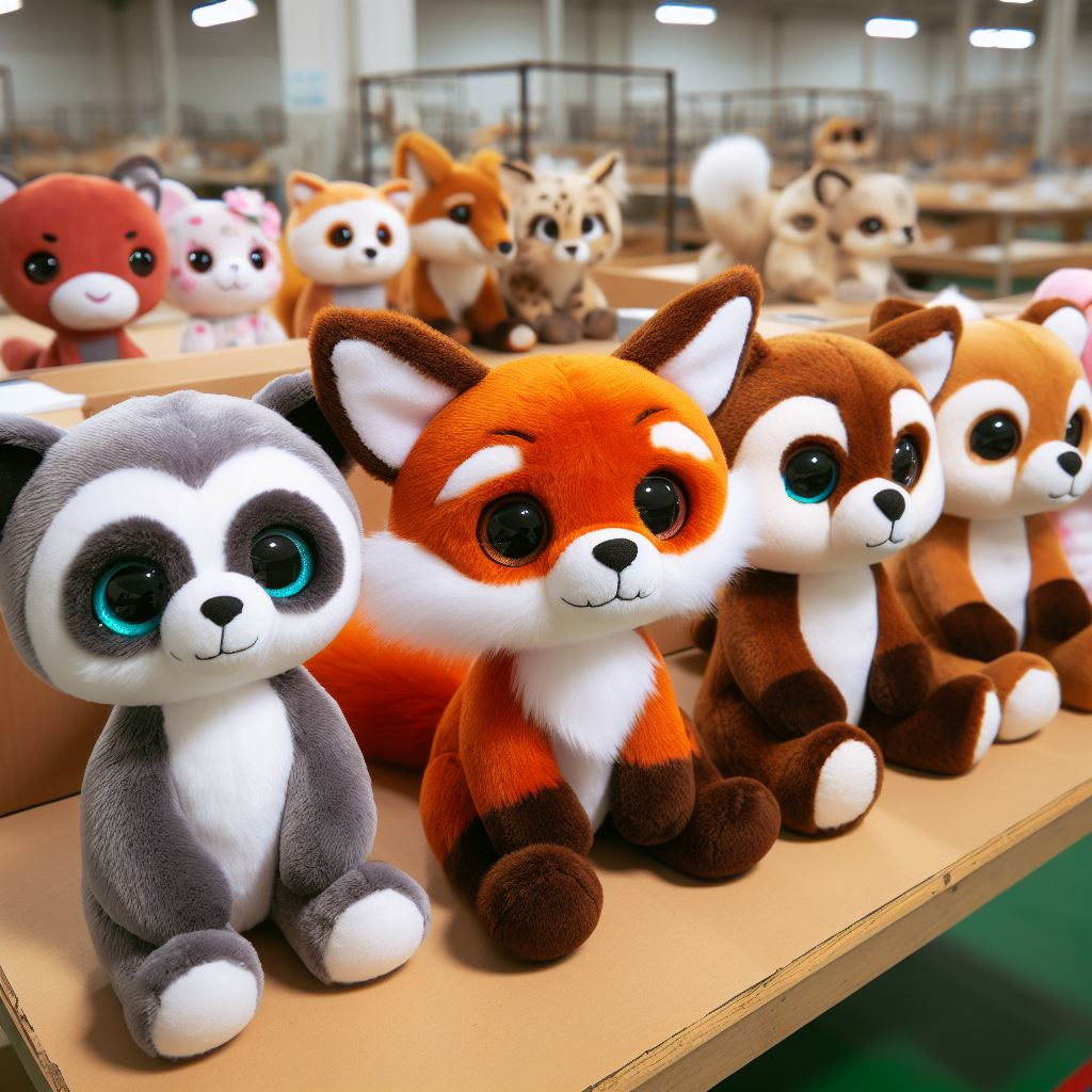 Various colorful custom stuffed animals on a factory table.