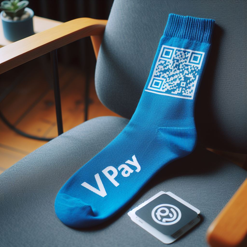A blue custom sock with a QR code on a chair. It is a limited-edition promotional sock.