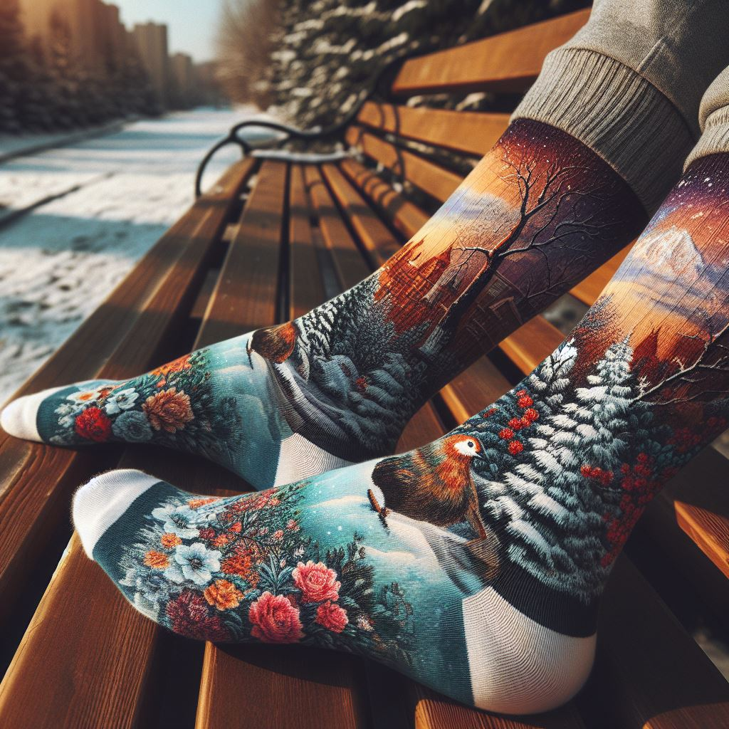 A person wearing custom socks inspired by the seasonal theme manufactured by EverLighten sitting on a park bench.