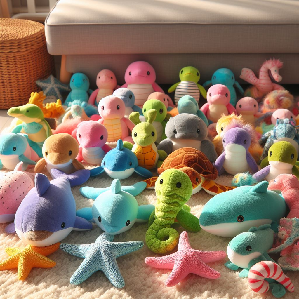 Various colorful custom plush toys and animals in different sizes in a room.