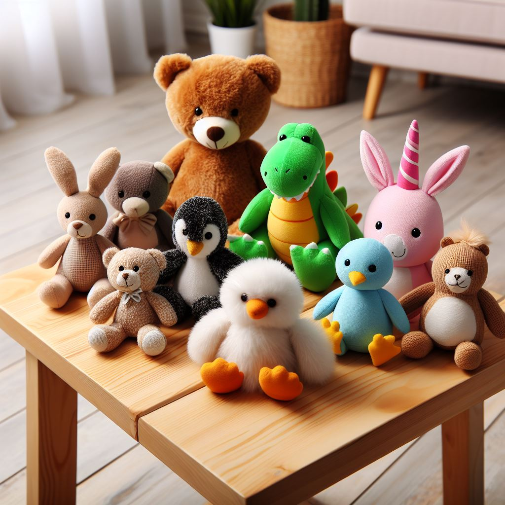 Different types of custom plush toys on a small table in a room.