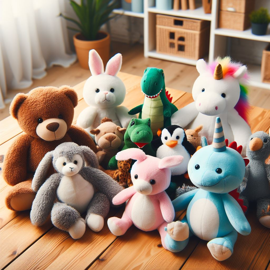 Several custom plushies are kept neatly on the floor.