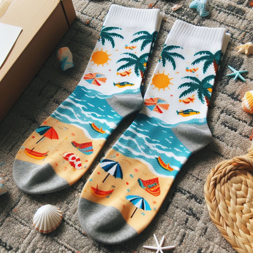 Limited-edition custom socks with a summer theme on a table.
