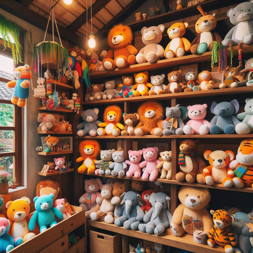 Many custom plush toys in a shop.