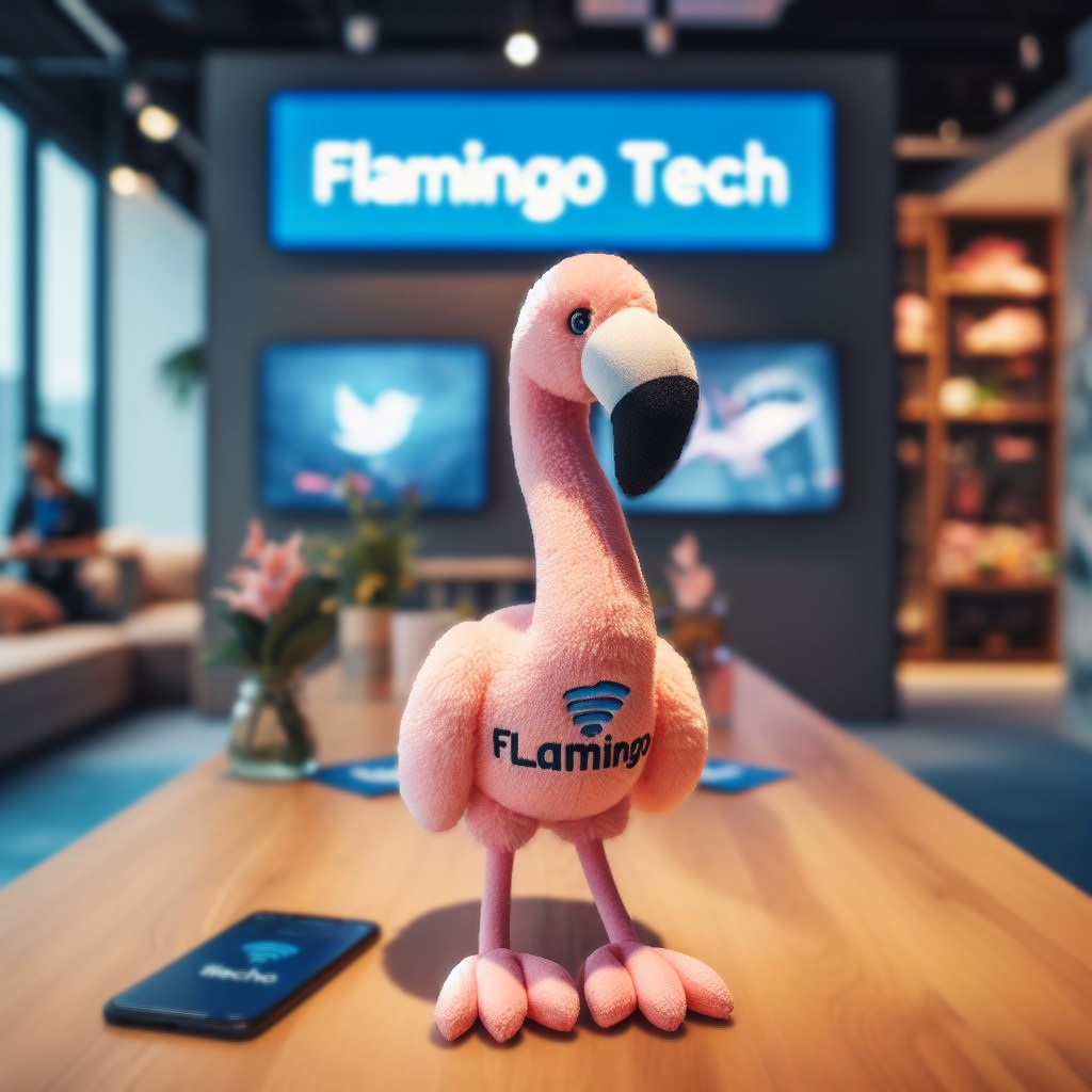 A custom plush animal with the company's logo. It is a flamingo standing on a table. The plushie is customized by EverLighten.