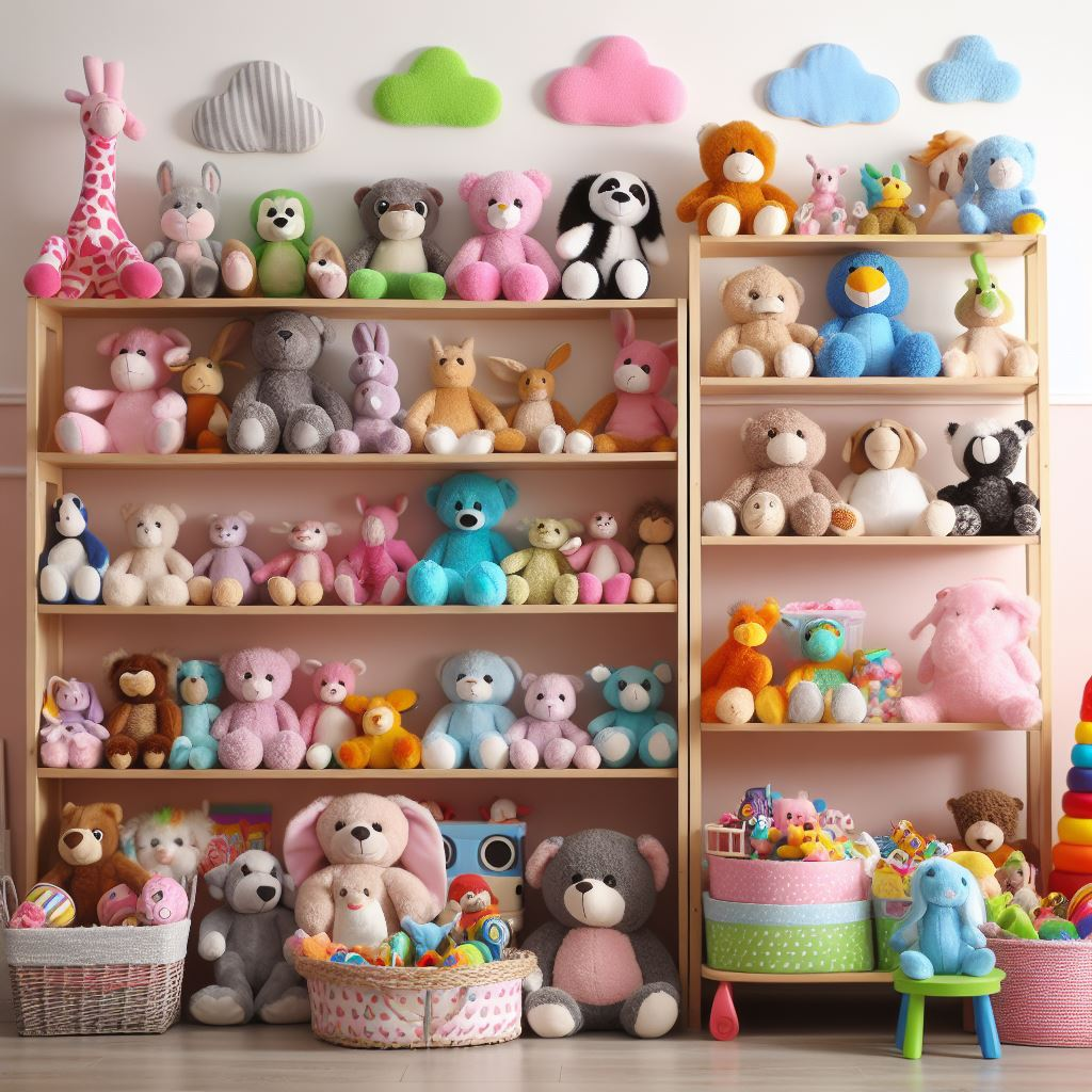 Many custom plushies are kept neatly in a room.