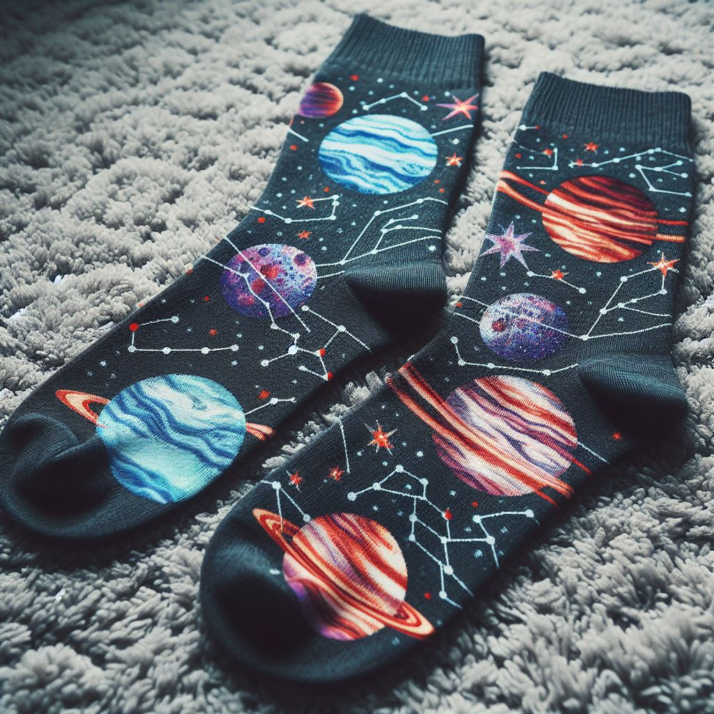 Two limited-edition custom socks with images of stars and planets are on a carpet.