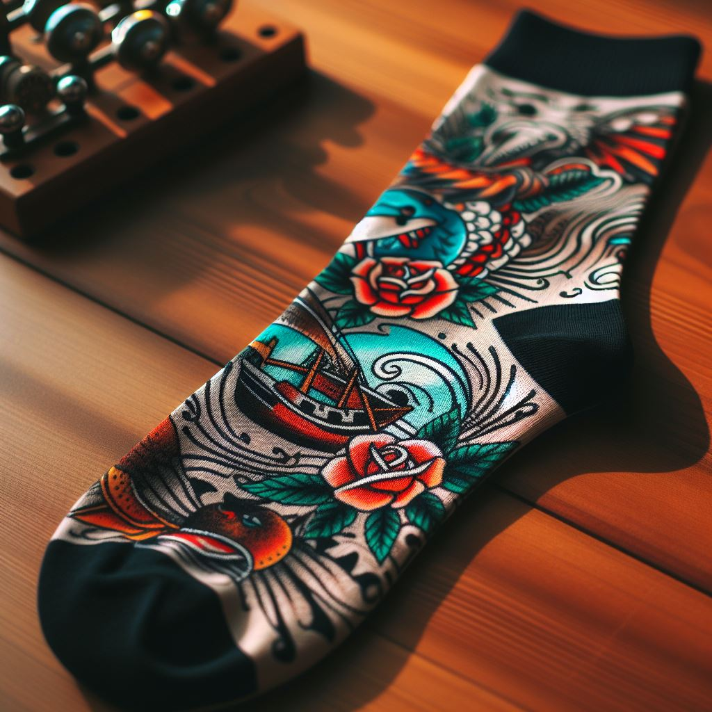 A limited-edition custom sock. The theme is inspired by tattoos.