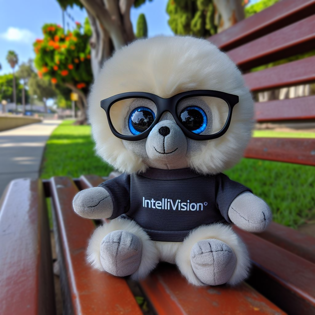 A custom plush toy with the company's logo on a park bench. It is customized by EverLighten.