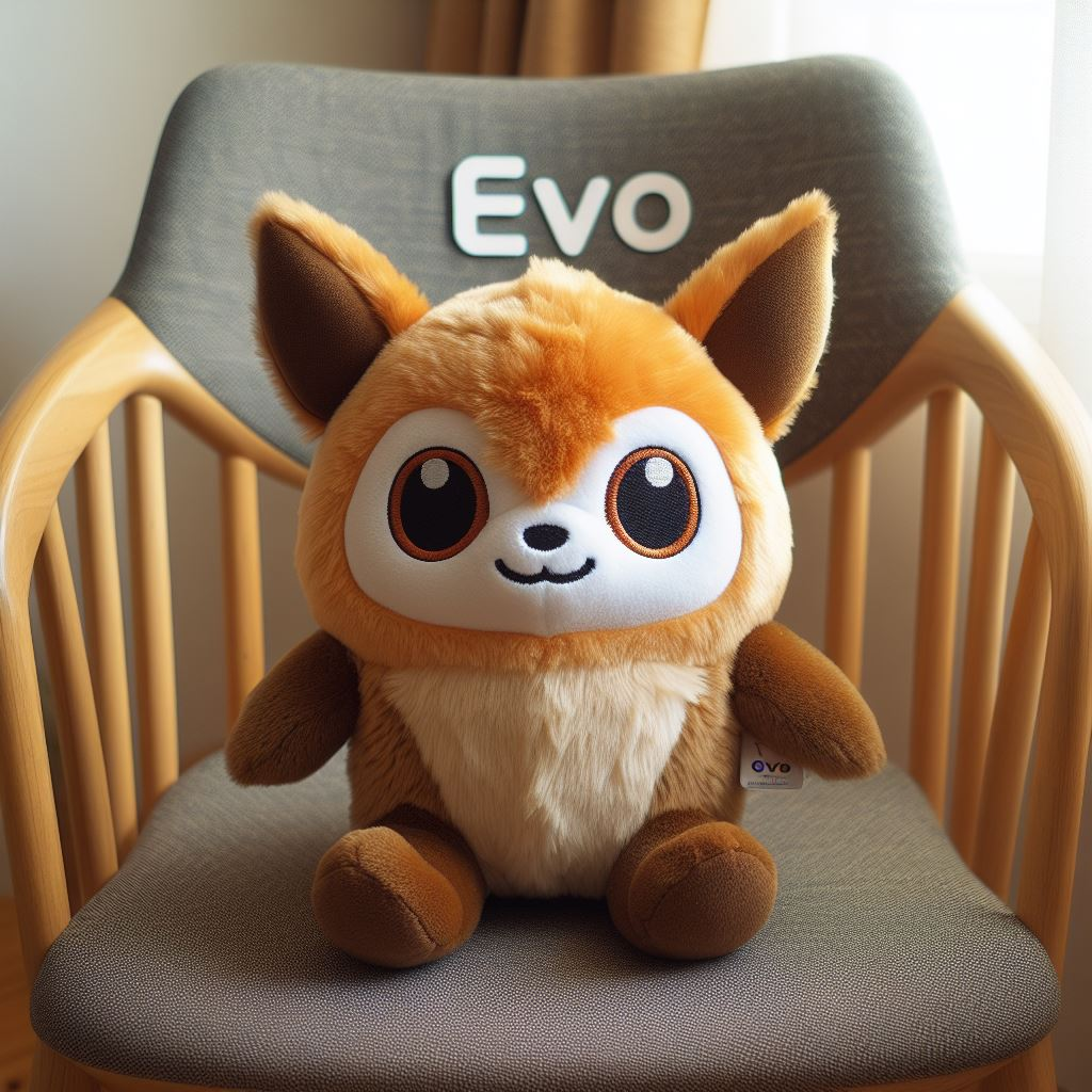 A cute and small custom plush toy with the company's logo sitting on a chair. It is made by EverLighten.