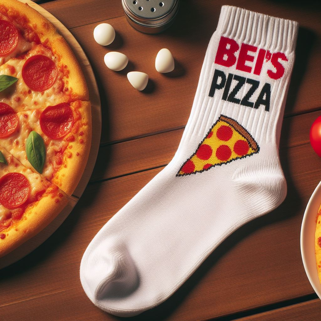 A limited-edition custom sock made to promote a pizza place.
