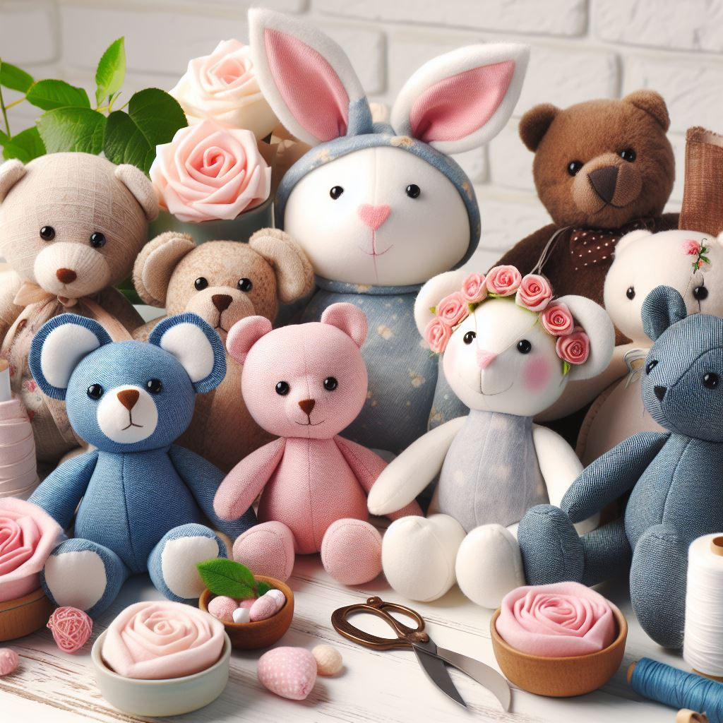 Many custom stuffed toys and animals from various materials.