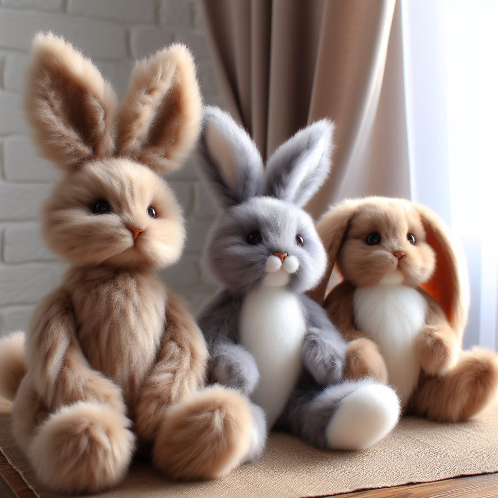 Three custom plush toys from faux rabbit fur.
