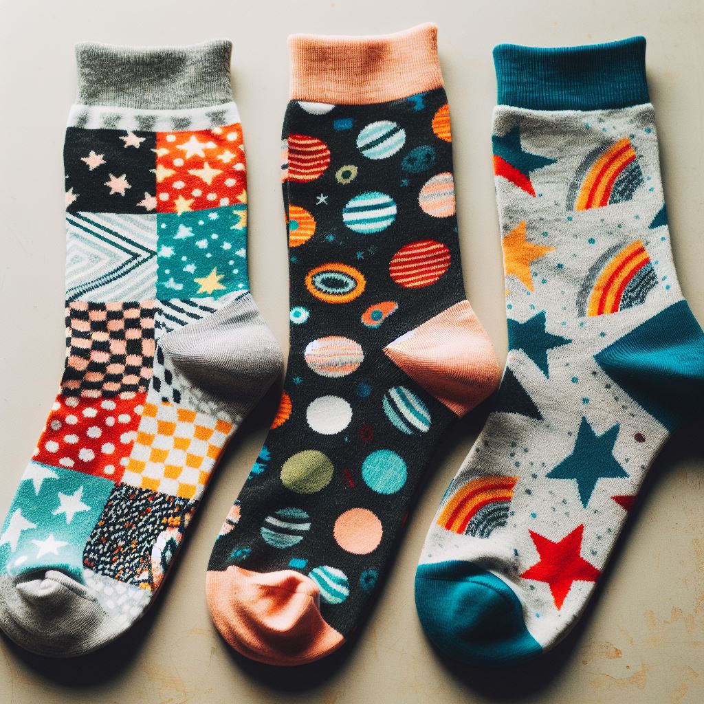 Three mismatched custom socks with different patterns.