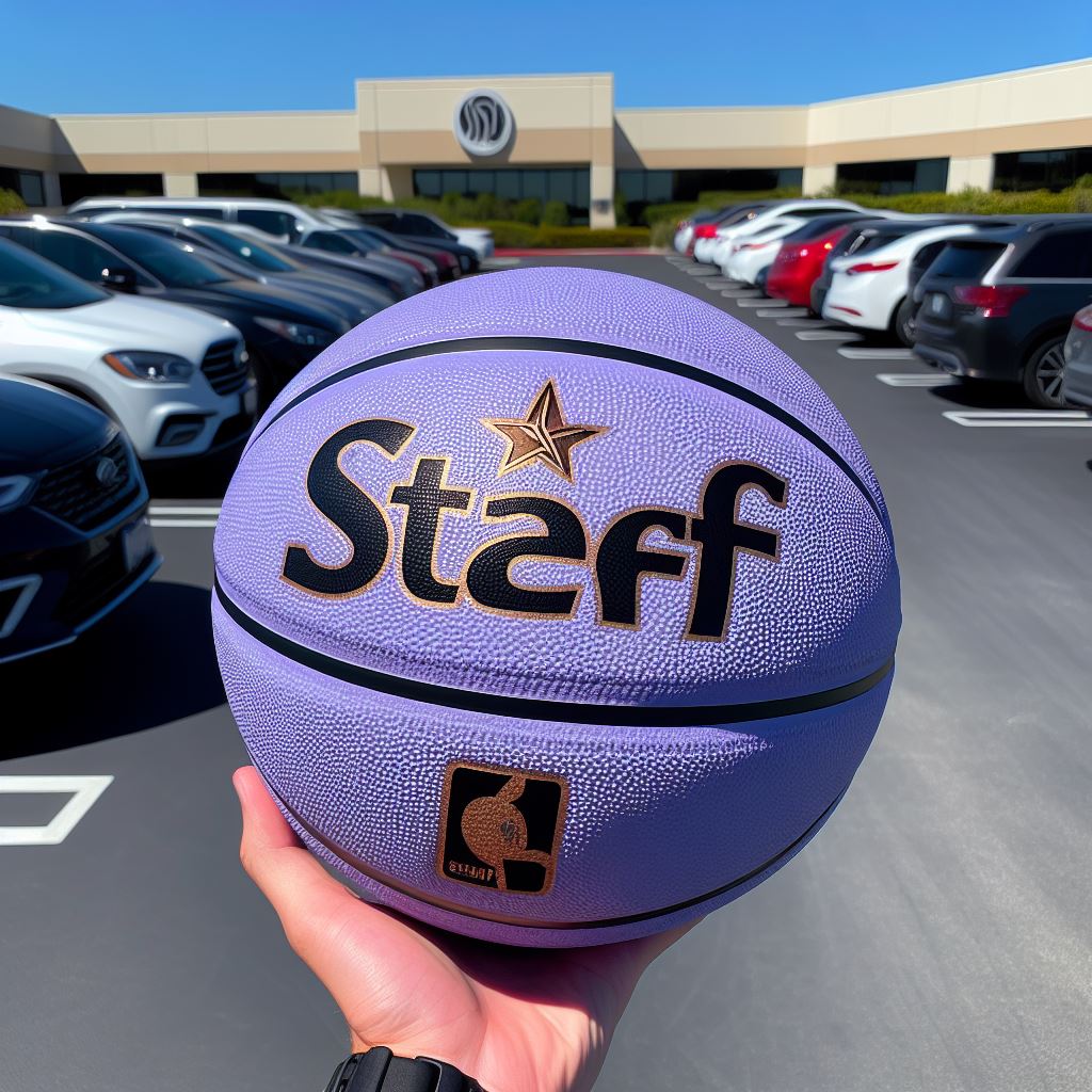 A custom basketball in the color Wisteria with the logo in an office parking lot.