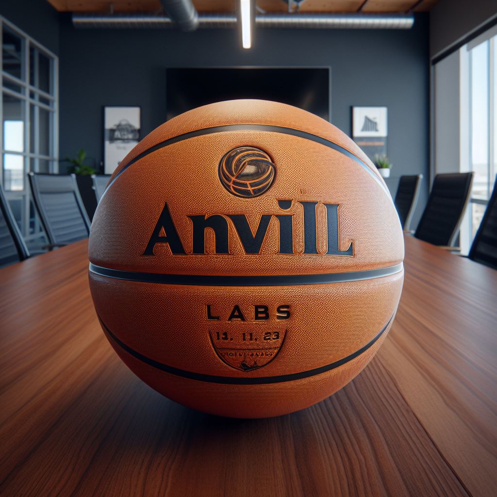 A custom basketball with the logo and Ochre color is kept on an office conference table.