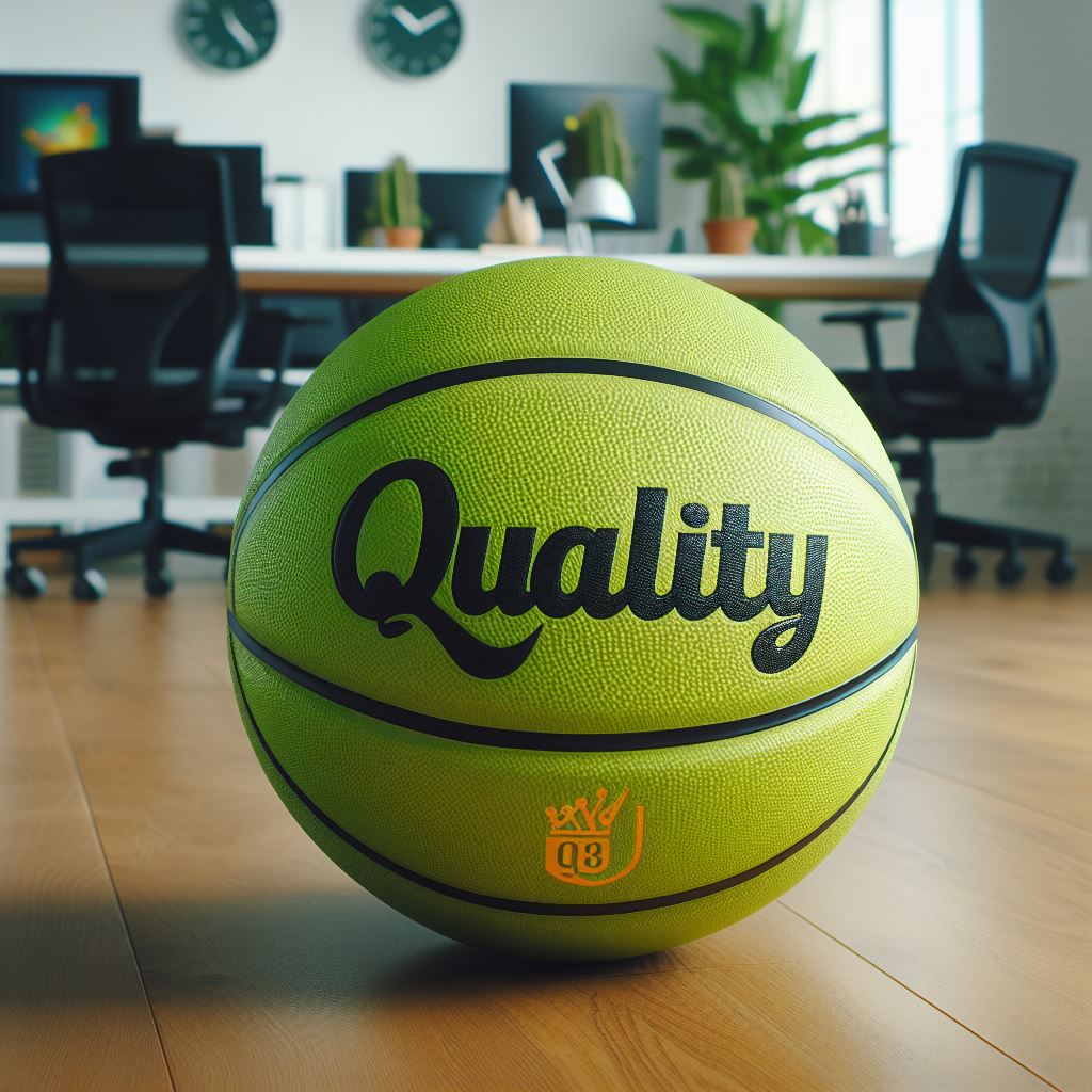 A custom basketball in the color Chartreuse with the logo kept on an office floor.
