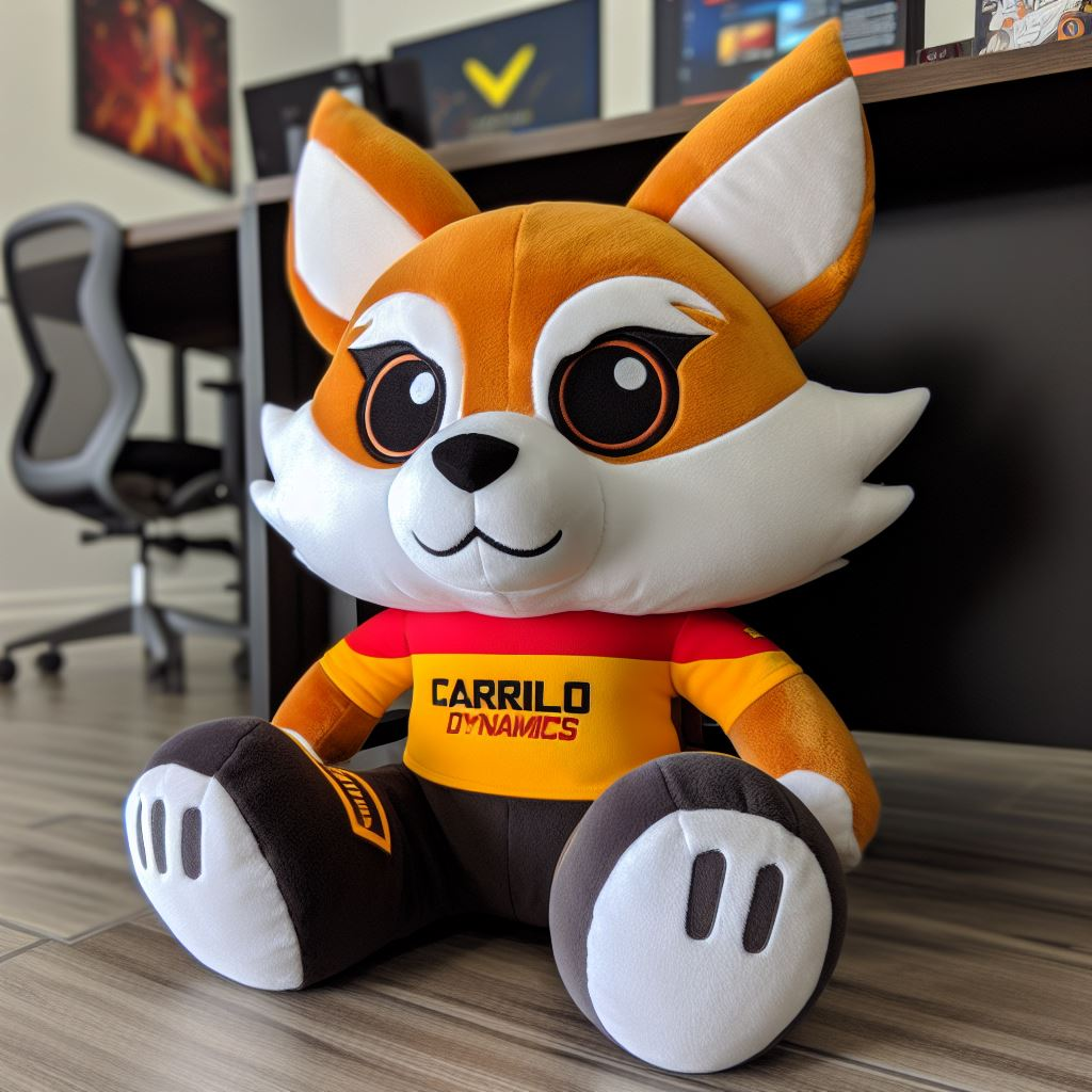 A custom stuffed animal with the company's logo sitting on the floor. The logo is on its orange shirt.