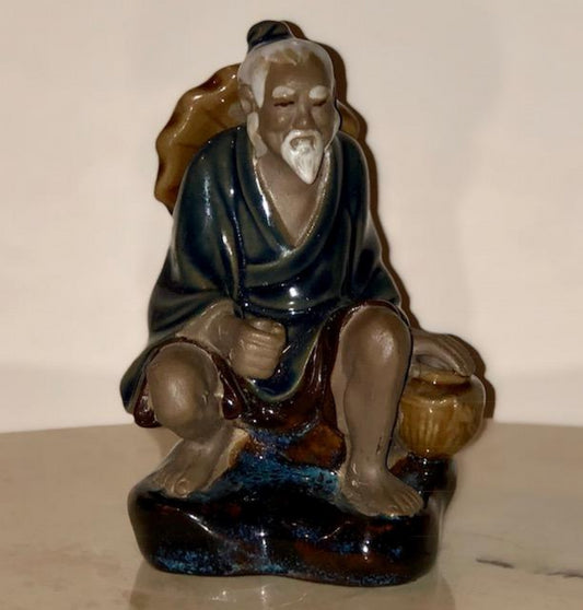 Shiwan Chinese Fisherman Mudman Porcelain Figurine With Fishing Rod Ceramic  Statue Mudmen Man Shekwan Asian Oriental 石灣 MARKED Vintage 5.75 