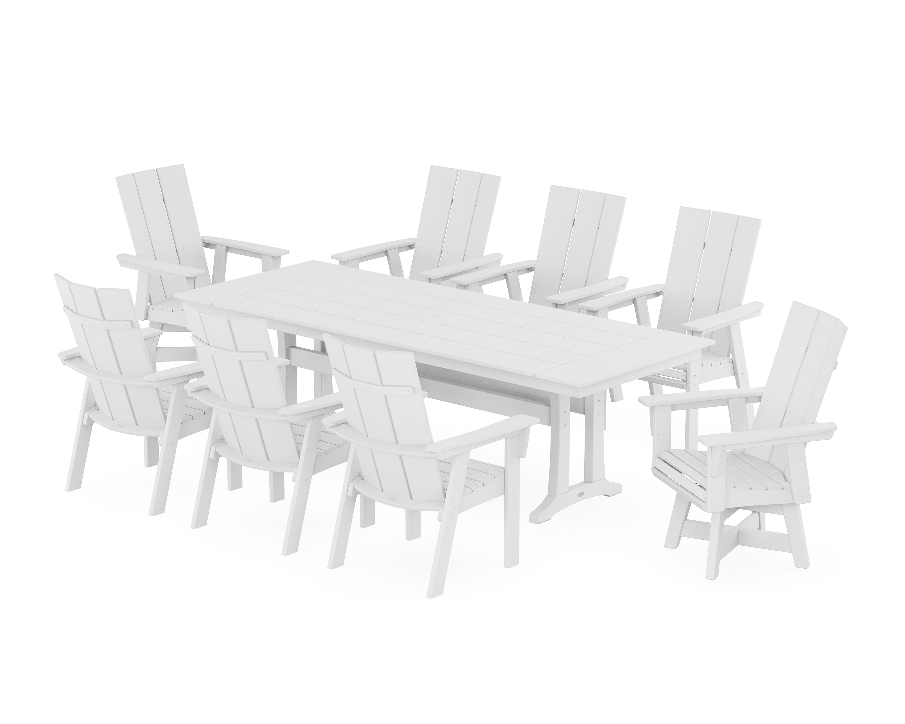 POLYWOOD Modern Curveback Adirondack Swivel 9-Piece Farmhouse Dining Set with Trestle Legs