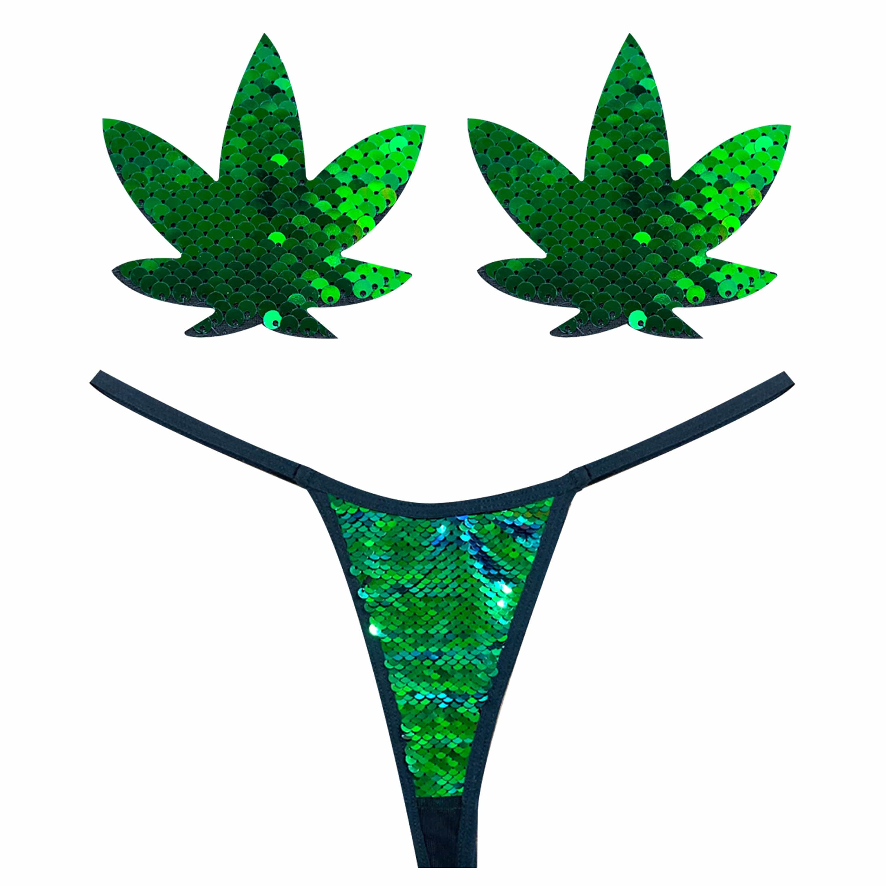 Ariel Green Sequin Weed Leaf Pastie and Pantie Lingerie Set – NevaNude