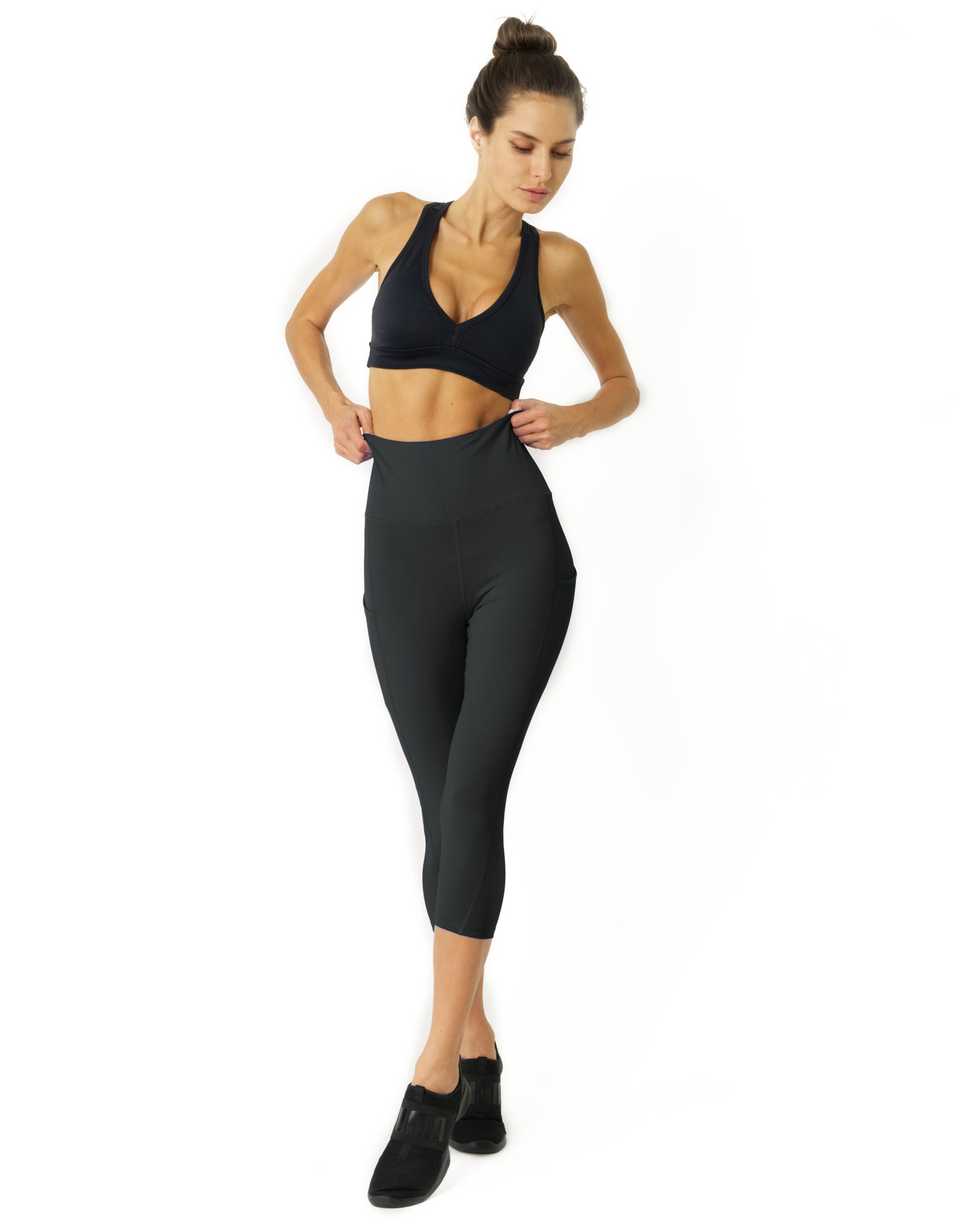 High Waisted Yoga Capri Leggings - Navy Blue 