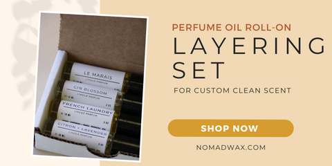 Box of Nomad Wax Co Perfume Oil Layering Set in herbal clean fragrances