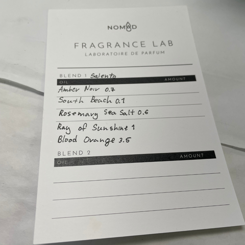 Nomad Summer intern sofia's handwritten Salento fragrance notes on Fragrance Lab notecard