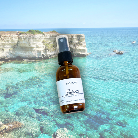 Nomad Salento travel spray on background of Adriatic Sea