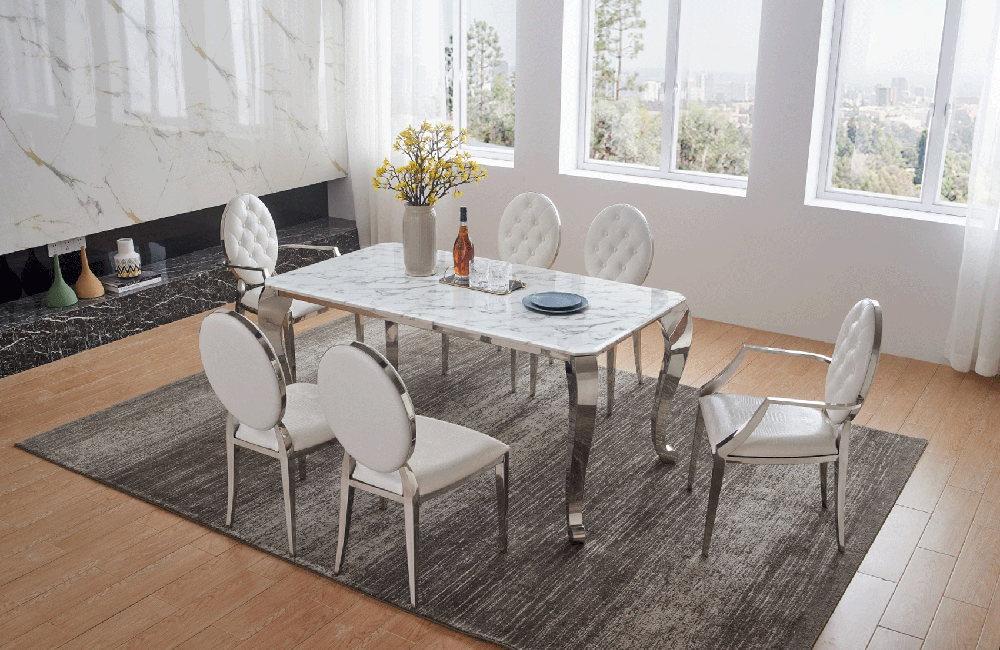 Dining Table with a Zig Zag Design and 110 White Chairs